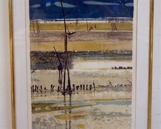 1058 RENE GENIS LITHOGRAPH SIGNED AND NUMBERED.TITLED *LA PLAGE ARCHACHON MAREE BASSE*. GALLERY TAG ON REVERSE, DAVID FINDLAY. IMAGE SIZE 20 1/2 IN X 29 IN., OVERALL DIMENSIONS 26 3/4 IN X 35 IN.