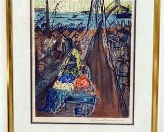 1060 LUDWIG BEMELMANS SIGNED LITHOGRAPH, TITLED *BROOKLYN BRIDGE*. IMAGE SIZE 17 IN X 22 IN., OVERALL DIMENSIONS 25 1/2 IN X 33 1/2 IN.
OVERALL DIMENSIONS 27 IN X 34 1/2 IN.