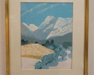 1063 ROGER MUHL SIGNED AND NUMBERED LITHOGRAPH, TITLED *PROVENCE -V- AU MIDI, LA`-BAS UNE BARRE DE MONTAGUES* GALLERY LABEL ON REVERSE, DAVID FINDLAY N.Y.C.. NUMBER 100 OF 175. DIMENSIONS 19 3/4 IN X 23 /2 IN.