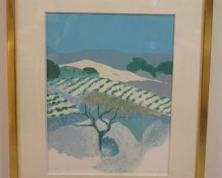 1064 ROGER MUHL LITHOGRAPH SIGNED AND NUMBERED. TITLED *LES MAMELONS D'ALENTOUR ETAIENT COUVERTS DE THYM…*. GALLERY TAG ON REVERSE, DAVID FINDLAY GALLERY N.Y.C. 100/175 IMAGE SIZE 12 IN X 16 IN., OVERALL DIMENSIONS 19 1/2 IN X 23 1/2 IN.