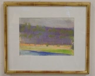 1065 WOLF KAHN SIGNED PASTEL ON PAPER, FRAMED. TITLED *RIVER BANK*, IMAGE SIZE 9 IN X 12 IN, OVERALL DIMENSIONS 18 1/2 IN X 15 1/2 IN, GALLERY LABEL ON REVERSE