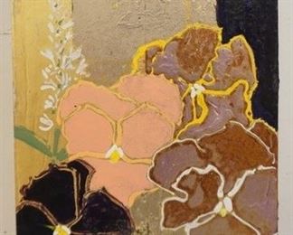 1068 ROBERT KUSHNER PAINTING ON BOARD, TITLED *PANSIES I*. GALLERY TAG ON REVERSE, D C MOORE GALLERIES N.Y.C. IMAGE SIZE 7 3/4 IN X 9 3/4 IN.