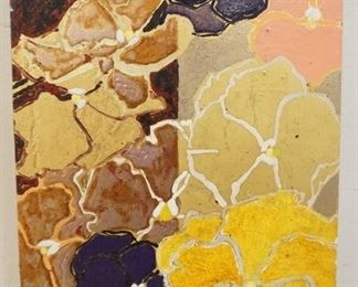 1069 ROBERT KUSHNER PAINTING ON BOARD, TITLED *PANSIES III*. GALLERY TAG ON REVERSE, D C MOORE GALLERIES N.Y.C. IMAGE SIZE 9 3/4 IN X 7 3/4 IN.