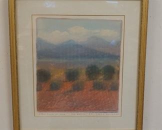 1071 CAROL ANTHONY SIGNED AND FRAMED ART, TITLED *PINON FIELD AT DUSK*, NEW MEXICO. IMAGE SIZE 10 1/2 IN X 12 IN., OVER ALL DIMENSIONS 15 1/2 IN X 17 IN.