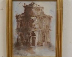 1081 OIL PAINTING ON CANVAS SIGNED BAIK, TITLED *CHIESA DI S. MEISE* DATED 62. OVERALL DIMESNSIONS 7 IN X 9 IN.