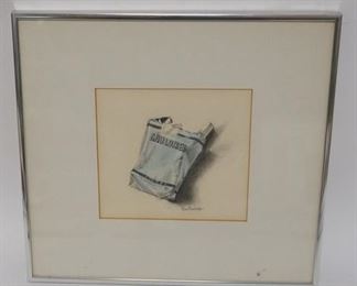 1080 FRAMED ART WORK OF A CIGARETTE PACK SIGNED KIM MASSEE. IMAGE SIZE 7 IN X 6 1/4 IN.