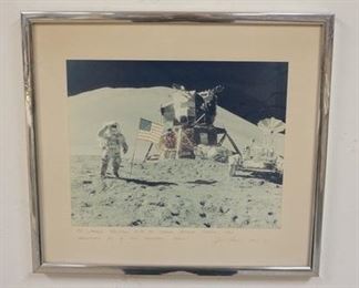 1082 APOLLO 15 FRAMED PHOTO SIGNED BY JIM IRWIN TO JACQUES ALLIMANN. OVERALL DIMENSIONS 19 IN X 17 IN.