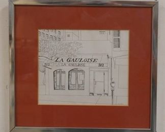 1083 E. WYETH SIGNED DRWING, PARIS RESTAURANT LA GAULOISE 502. IMAGE SIZE 7 3/4 X 6 1/2 IN., OVERALL DIMENSIONS 12 3/4 IN X 11 1/2 IN.