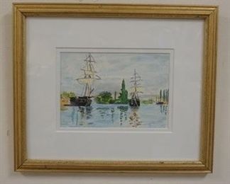 1085 WATER COLOR HARBOR SCENE. IMAGE SIZE 6 1/2 IN X 4 1/2 IN., OVERALL DIMENSIONS 12 1/4 IN X 10 1/2 IN.
