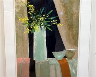 1059 RENE GENIS LITHOGRAPH SIGNED AND NUMBERED.TITLED *MIMOSA ET DUEX BOLS*. GALLERY TAG ON REVERSE, DAVID FINDLAY NEW YORK CITY. IMAGE SIZE 20 1/2 IN X 28 IN., OVERALL DIMENSIONS 27 IN X 34 1/2 IN.