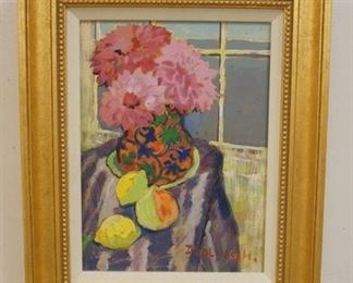 1062 DUOLING HE OIL PAINTING ON CANVAS, STILL LIFE. IMAGE SIZE 8 1/2 IN X 11 1/2 IN., OVERALL DIMENSIONS 13 1/2 IN X 16 1/2 IN.