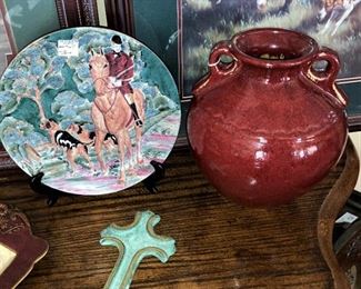 Hunt scene plate; cross; decorative jug