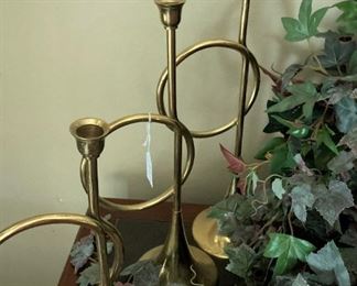  Vintage brass trumpet candlestick holders