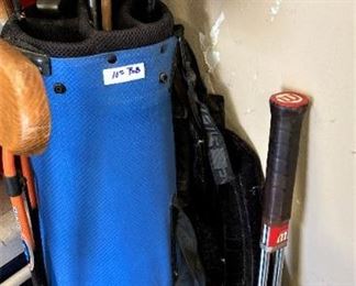 Golf bag; Wilson tennis racket