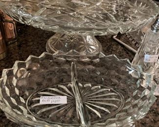 Cake plate; Fostoria divided dish