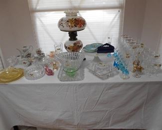gone-with-the-wind lamp, crystal, depression glass, etc.