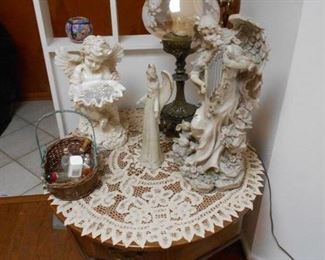 side table, vintage lamp, angels, etc.