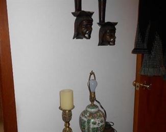 small side table, lamp, brass candle holder, wall candle holder