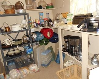small electrical kitchen items, storage bins, sleeping bags, ( Hamilton Beach, Food saver, Black & Decker waffle maker, Waring pro waffle maker, elec.  skillet by Oster, Aroma coffee, Kitchen aid, Presto knife sharpener, Hamilton Beach elec. can opener,  etc.
