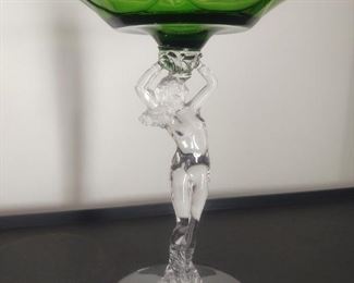 Vintage emerald green Cambridge compote nude lady stem
