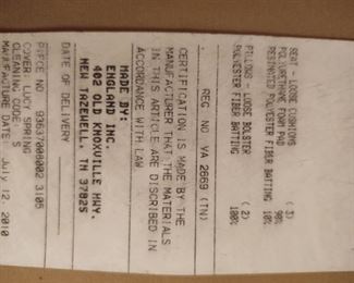 Manufacturers tag, England Furniture Company