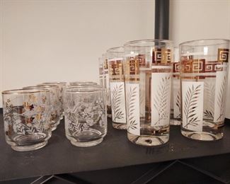 Vintage 60s gold and white drinking glasses, Libby, etc
