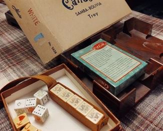 Delightful vintage Canasta Deck holders, one with original box, poker dice sets... Fun!