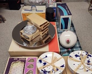 Royal doulton plates, kromex serving Susan, many other dishes in the box, amazing Heisey punch bowl set