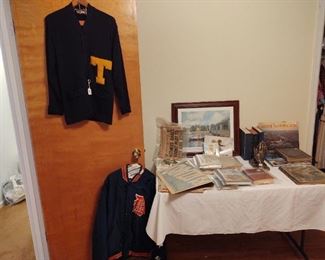 Detroit tigers jacket, UT letter sweater, for many first edition books and other interesting paper ephemera