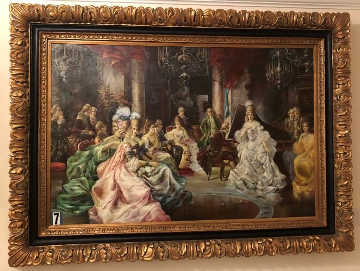 Josephine (Napoleon Bonaparte's wife) entertaining in her court by Foselli. Massive 4'x6' canvas painting with a 9" frame surrounding the canvas oil painting which has black and gold inlays and accents. Asking $5,000