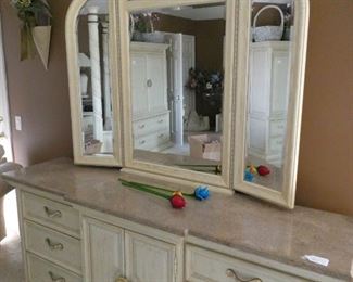 King bedroom suite, dresser with mirror, also armoire, four poster bed, two side tables