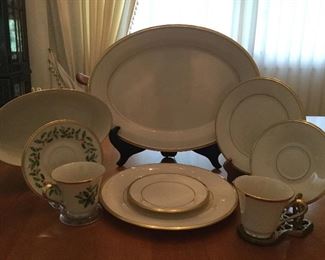 Lenox Eternal.  5 piece place setting for 16. 9 holly cups and saucers. Oval vegetable and platter. 100 pieces total.  