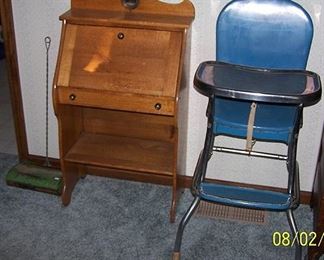 Child's oak drop front desk,  1950's high chair