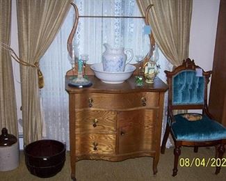 Oak commode w / towel bar, Victorian chair, wood basket, pitcher and bowl