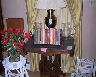 Victorian marble top table, wicker stool, brass lamp (heavy!), old school books