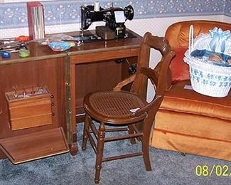 Pfaff 130 sewing machine, cane bottom chair, orange rocker