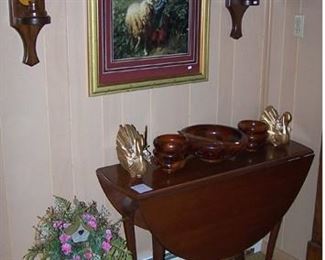 Queen Anne drop leaf table, child's bentwood chair, cast iron kettle, teak wood salad set