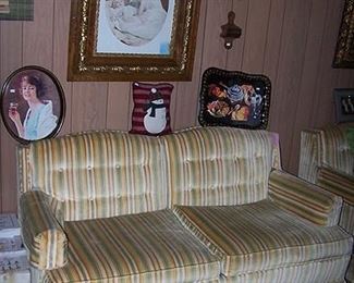 Vintage love seat, old picture and frame, Coca Cola trays, letter and comb boxes