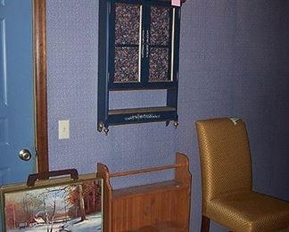 Vintage TV trays, blue wall shelf, wood shelf and chair