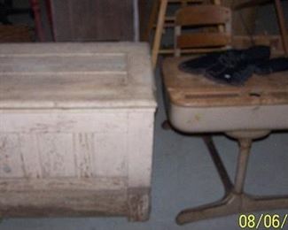 Old chest style ice box, school desk