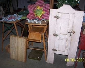Wood ironing board, wood high chair, small primitive cupboard w / ice box door