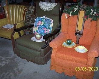 Gold vinyl chair, Green and wood rocker, orange rocker