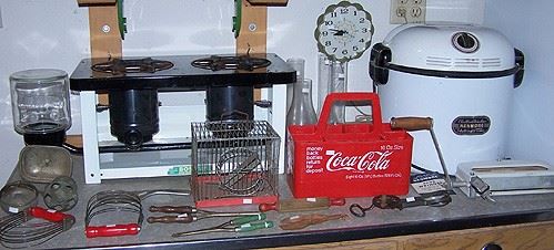 Boss kerosene stove, Old Kenmore electric table top washer w/ wringer, Coca Cola bottle carrier, etc...