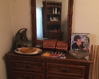 Dresser With Mirror, Leather Stamped Purses, Vinyl Records