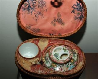 Chinese Antique Rose Medallion 19th Century Teapot and Cup in a Wicker Basket 