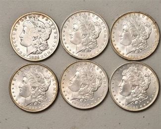 Six (6) 1885 Liberty Head Silver Dollars