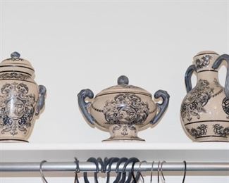 Blue and White Ornate Scroll Design Vase and Urns-