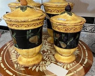 Ceramic Canister Pear Set on Wooden Lazy Susan