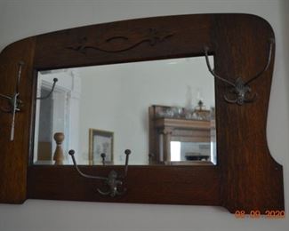 Antique Oak Mirrored Hat rack
