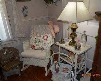 Vintage wicker rocker and side table
Antique bird cage